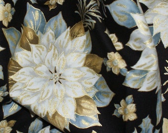 85 cm hiver, tissu coton fleurs de Noël, noir/or