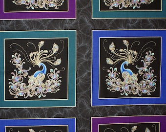 0.6 m panel fabric peacock motifs 60 cm, black