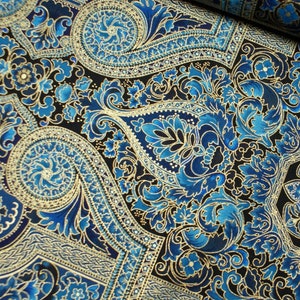 18.90Euro/meter Floral, geometric motif cotton fabric, dark blue / turquoise