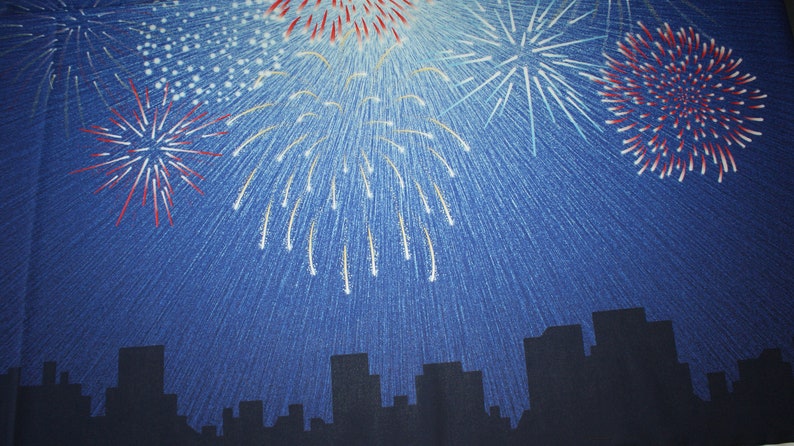 1.1 m houses, fireworks motif panel cotton fabric image 1