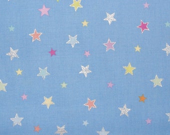 0.5m Stoff mit bunte Sterne, Baumwollstoff, blau