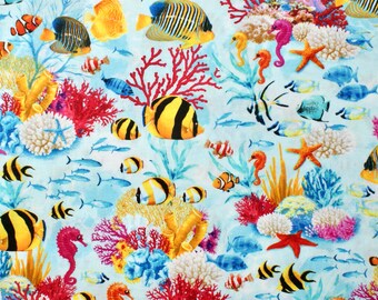 0.5 m fish, sea creatures, cotton fabric, light blue