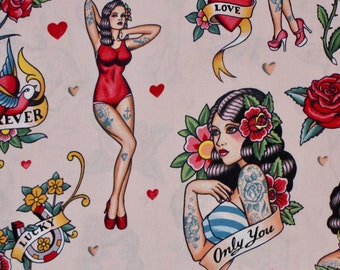 50cm Stoff, Motiv Frauen mit Tattoos im Retro Stil