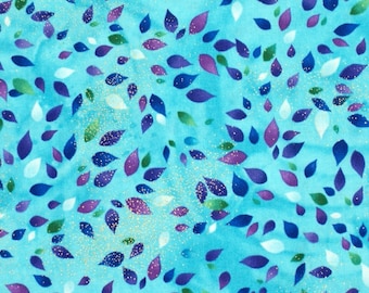 80 cm fabric, turquoise with leaf motifs