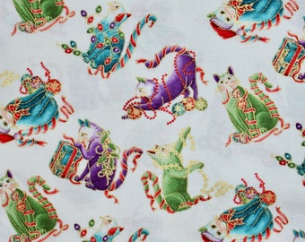 Cat motif fabric, 50 cm, white, Christmas pattern