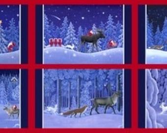 45 cm winter panel fabric, Christmas, forest, snow, rabbit, forest animals, fox