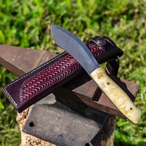 Nessmuk Knife with Leather Sheath, Full Tang Curly Birch Handle from Finland