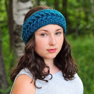 Teal Ohrwärmer, weiches Stirnband, Chevron Muster, dickes Acrylgarn, Gehäkelte Ohrwärmer, Winter, Geschenk für Teenager oder Frauen