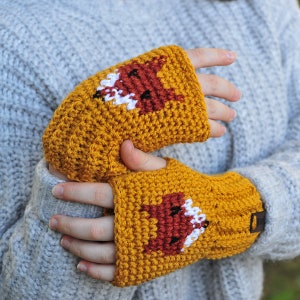 Fox Wrist Warmers, Gold Fingerless Gloves, Texting Gloves, Cute and Soft, Stretchy Mittens, Crochet Mitts, Gift for Women or Teens