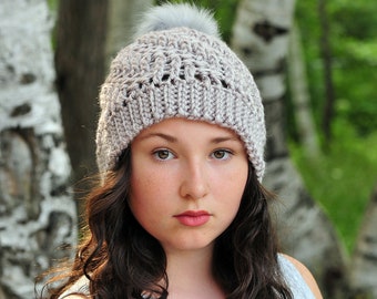 Taupe Crochet Beanie: Soft Acrylic Winter Hat with Faux Fur Pompom