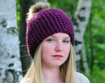 Dark Purple Beanie, Plum Chunky Hat, Acrylic and Wool Toque, Crochet Winter Hat, Brown Faux Fur Pompom, Gift for Teens or Women