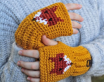 Fox Wrist Warmers, Gold Fingerless Gloves, Texting Gloves, Cute and Soft, Stretchy Mittens, Crochet Mitts, Gift for Women or Teens