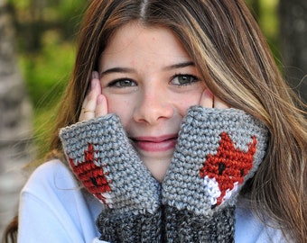 Fox Wrist Warmers, Grey Fingerless Gloves, Texting Gloves, Cute and Soft, Stretchy Mittens, Crochet Mitts, Gift for Women or Teens