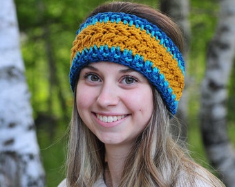 Teal and Gold Earwarmer, Soft Headband, Chevron Pattern, Multi Colour, Acrylic Yarn, Crochet Ear Warmer, Winter, Gift for Teens or Women