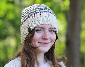 Sock Monkey Hat, Grey White and Pink, Crochet Beanie, Crocheted Wool Toque, Cute Gift for Teens or Women, Canadiana, Made in Canada