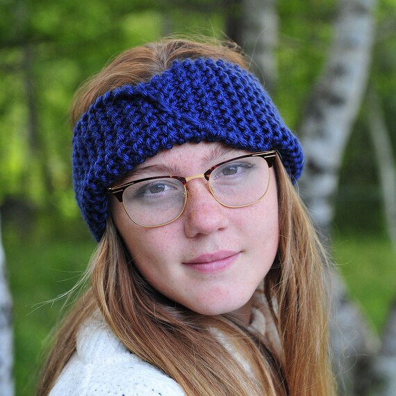 Handmade Navy Blue Knit Headband: Twisted Acrylic Ear Warmer  display picture 3