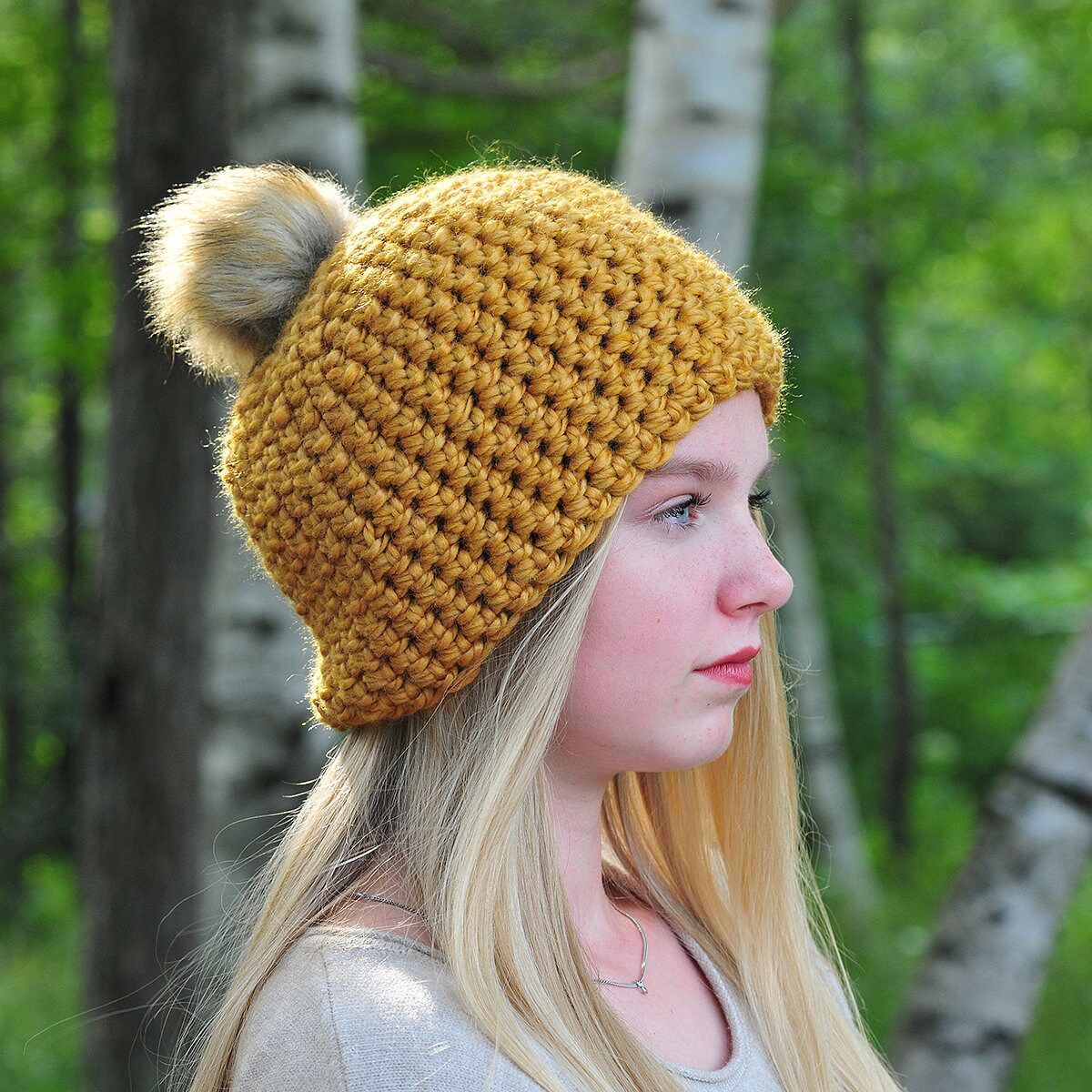 Mustard Yellow Beanie Dark Gold Chunky 