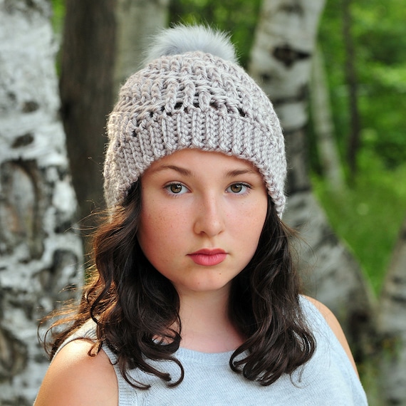Taupe Crochet Beanie: Soft Acrylic Winter Hat With Faux Fur  display picture 2