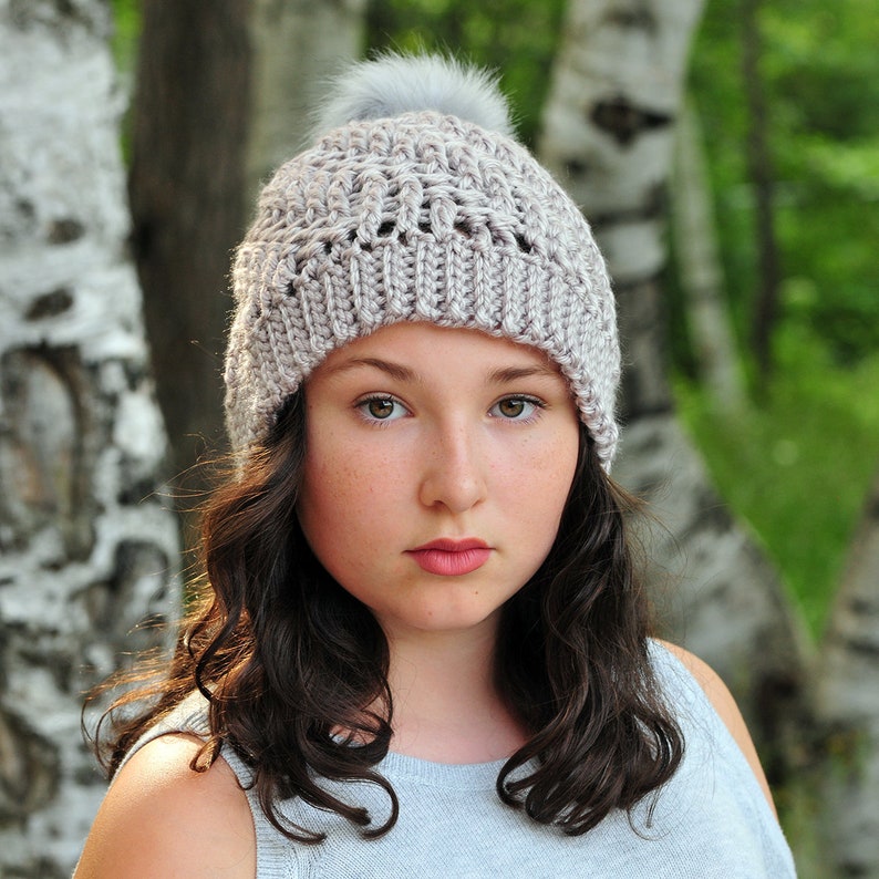 Taupe Crochet Hat Soft Textured Beanie Thick Acrylic Yarn Etsy