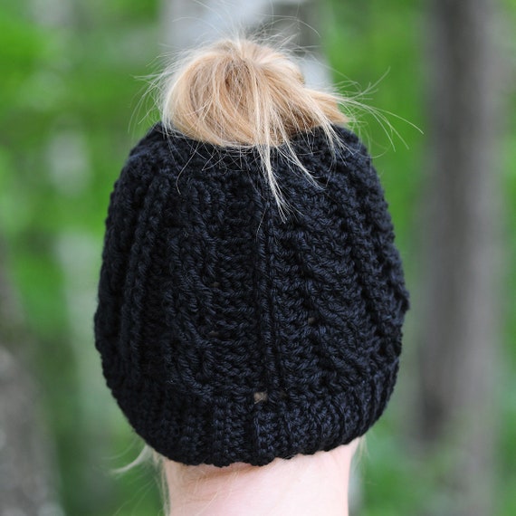 Mint Green Crochet Messy Bun Hat: Star Stitch Acrylic Merino  display picture 1