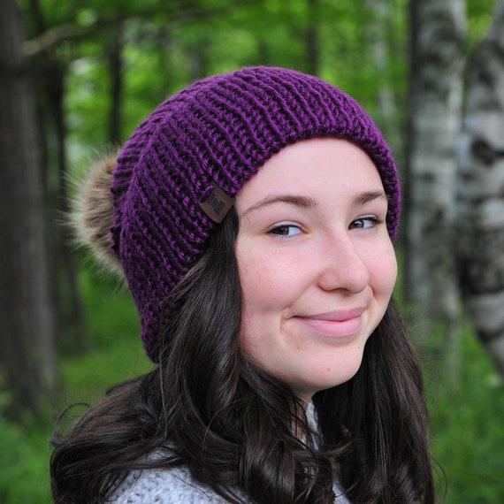 Dark Purple Knit Hat Winter Toque Hand 