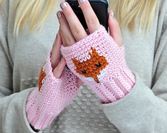Fox Wrist Warmers, Pink Fingerless Gloves, Texting Gloves, Cute and Soft, Stretchy Mittens, Crochet Mitts, Gift for Women or Teens
