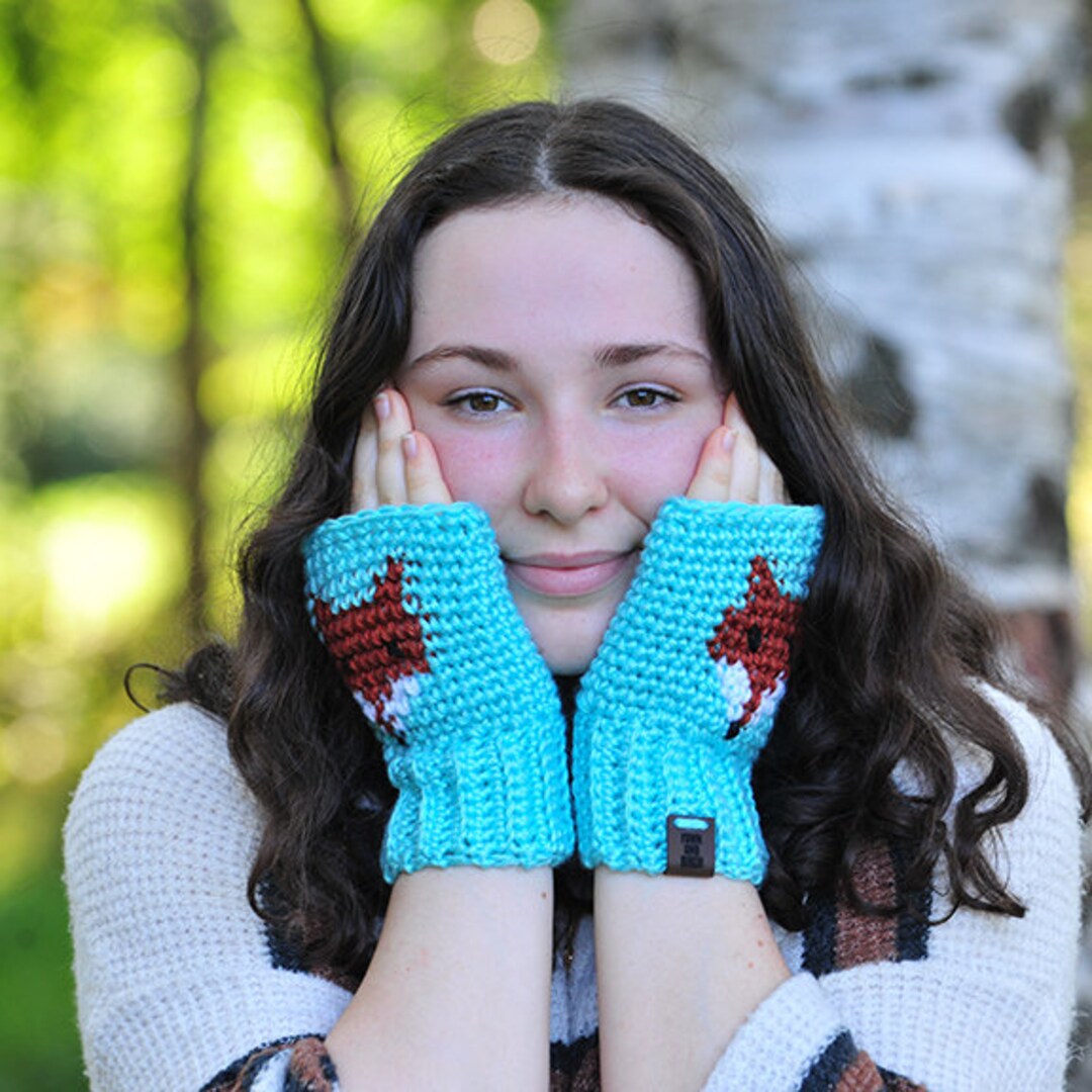 Crochet Fox Wrist Warmers: Aqua Fingerless Texting Gloves - Etsy