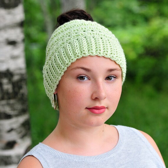 Handmade Hand Crafted Knit Messy Bun Hat adult/teen size sparkly mint green Messy Bun Beanie SALE $18.99 ❤️ Get Your Order In Now  main image 2