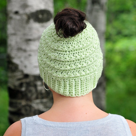 Mint Green Crochet Messy Bun Hat: Star Stitch Acrylic Merino  display picture 3