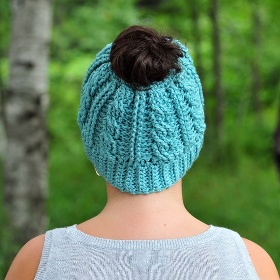 Crochet Messy Bun Hat: Aqua Cable Knit Acrylic Beanie - Etsy display picture 3