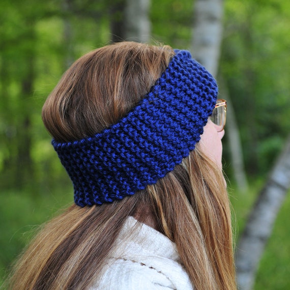 Navy Blue Knitted Headband Ear Warmer Knitted Headband ELEVEN Slim Dark Blue I Wide and Warm  main image 3