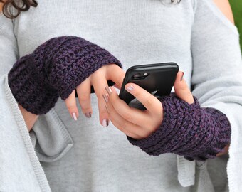 Dark Plum Fingerless Gloves, Texting Gloves, Purple Ribbed Gloves, Soft Acrylic Yarn, Crochet Mittens, Gift for Women or Teens