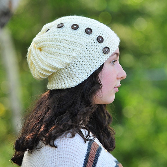 Cream Winter Hat Slouch Hat With Buttons Soft Acrylic Yarn Etsy
