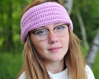 Calentador de orejas de ganchillo rosa: diadema bohemia de acrílico suave