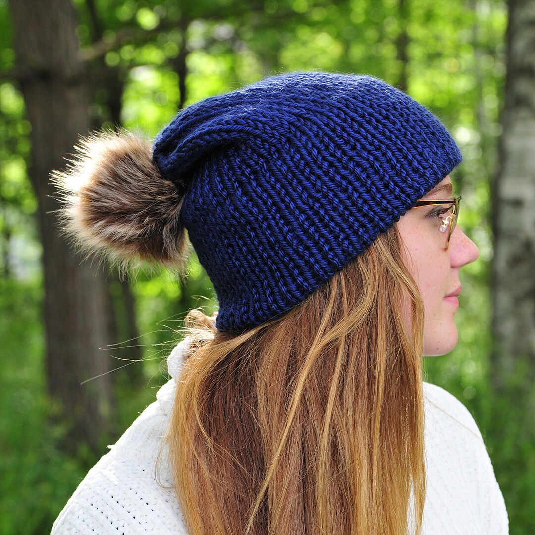 Navy Blue Knit Hat, Winter Toque, Hand Knitted Slouch Hat, Soft Stretchy, Double Brim, Faux Fur