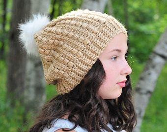 Created by Cyd Womens Crochet Slouchy Beanie‎ Taupe Merino Wool Knit Hat NEW Crochet Taupe Slouchy Hat With Button Taupe Slouch Beanie  main image 4