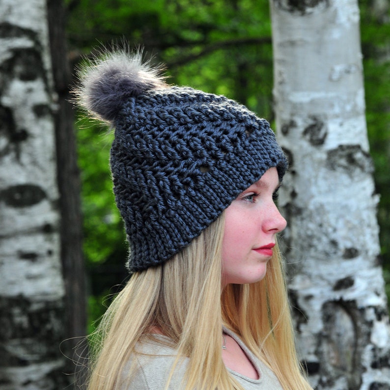 Dark Grey Winter Hat, Charcoal Gray Beanie, Acrylic Yarn, Crochet Hat