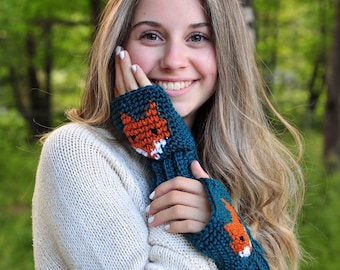 Fox Wrist Warmers, Teal Fingerless Gloves, Texting Gloves, Cute and Soft, Stretchy Mittens, Crochet Mitts, Gift for Women or Teens