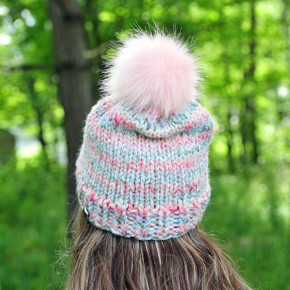 Hand Knit Beanie Style Hat, Pink, White Pom with Pink tips, Artisan Yarn Pink Beanie Hat for Women - Pink and White Winter Beanie  main image 4