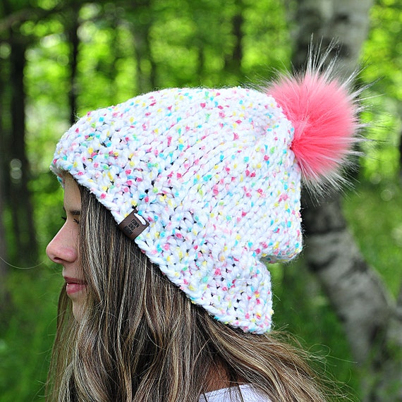 Handknit Wool Blend Beanie: Pink & White Faux Fur Pom - Etsy display picture 2