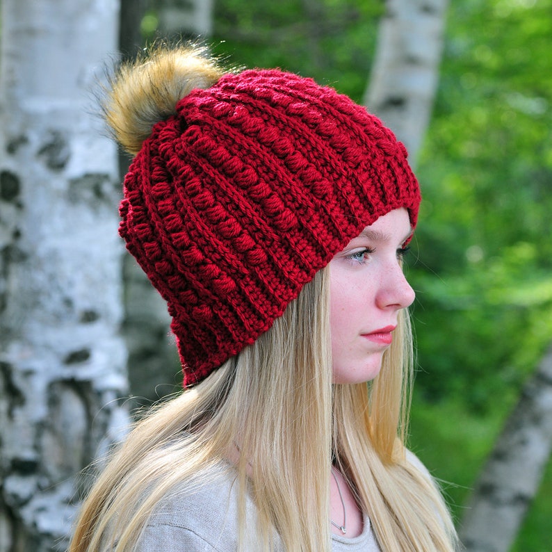 Dark Pink Winter Hat, Slouch Hat, Acrylic Yarn, Deep Rose, Crochet Hat
