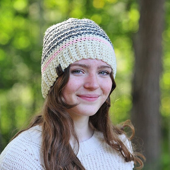 Crochet Sock Monkey Hat: Grey, Cream & Pink Wool Beanie - Etsy display picture 2