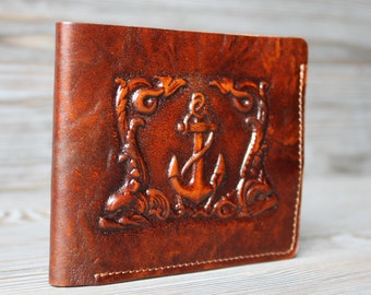 Anchor Leather Wallet Original 3D Effect Valentine's Day Handmade Gift For Him Men’s Slim Bifold Full-Grain Distressed Leather