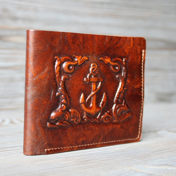 Anchor Leather Wallet Original 3D Effect Valentine's Day Handmade Gift For Him Men’s Slim Bifold Full-Grain Distressed Leather
