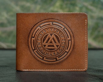 Valknut Leder Portemonnaie personalisiert Personalisiert Geschenk für Ihn Wikinger Nordische Mythologie Vatertagsgeschenk