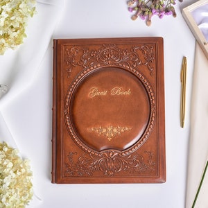 Personalized Leather Guest Book Elegant Gold Letters Photo Unique Wedding Guest Book Handmade Anniversary Gift Guest Sign In