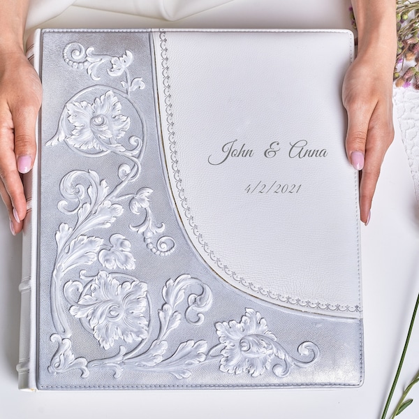 Personalized Wedding Leather Photo Album Lily White Silver Anniversary Wedding Gift Family Traditional Photo Album Scrapbooking