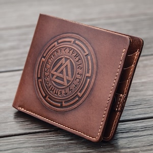 Valknut Leder Portemonnaie personalisiert Personalisiert Geschenk für Ihn Wikinger Nordische Mythologie Vatertagsgeschenk