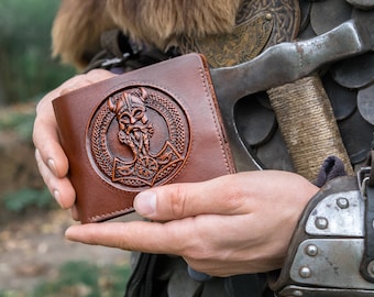 Viking Leather Wallet with Vegvisir Mjolnir Odin Thors Hammer Norse Mythology Runes Ouroboros Ukraine Sellers