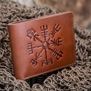 Vegvísir Viking Wallet Durable Leather Slim Embossed Leather Wallet Nordic Wallet Navegación personalizada Nórdico Compass